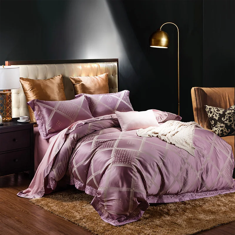 Waliicorners Tribute Silk Jacquard silver gray Luxury Royal Bedding set 4Pcs King Queen size bed sheet set Duvet cover pillow shams 37 WFG_1588