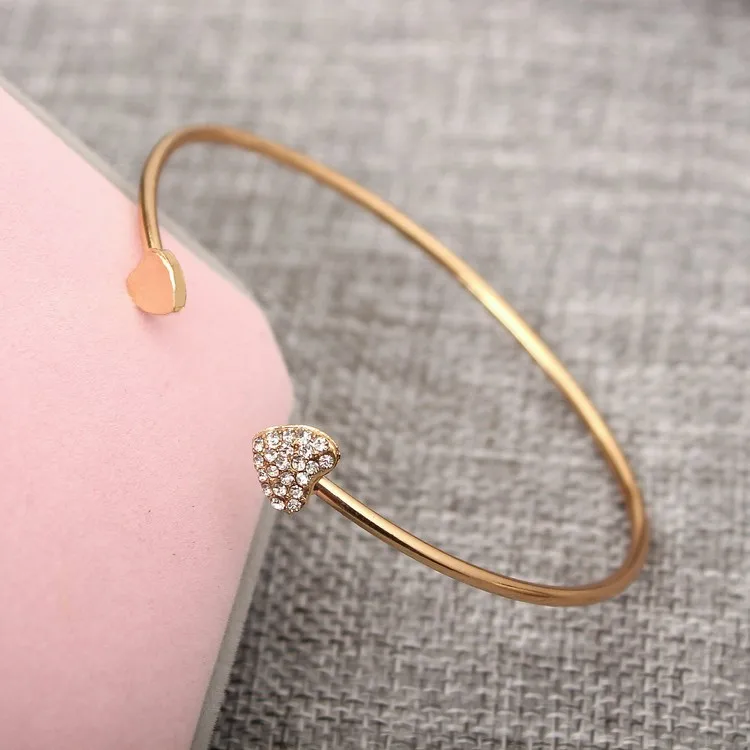 Full diamond heart-shaped bracelet open gold-plated bracelet double peach heart bangles