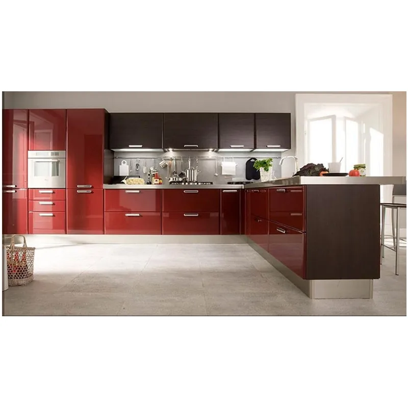 Chinese Red Kitchen Cabinets With High Gloss Lacquer Finish Doors