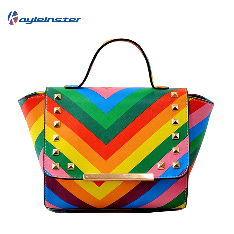 Hot Sale! 2015 Rainbow Women Handbag Zipper Hasp Lady Rivet PU Leather Messenger Bag Trapeze Stripe Cross-body Tote Shoulder Bag