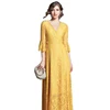 New Fashion Design Lace V Neck Plus Size Bandage Yellow Casual Party Lady Dress with Flare Sleeve