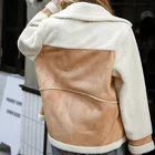 Casual Style New Arrival Leather and Fur Short Lady Coat Beige Camel Pockets Coat Zipper Warm Jacket