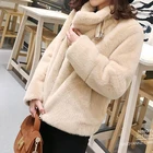 Beige winter warm teddy coat short faux fur coat women artificial sheep coat