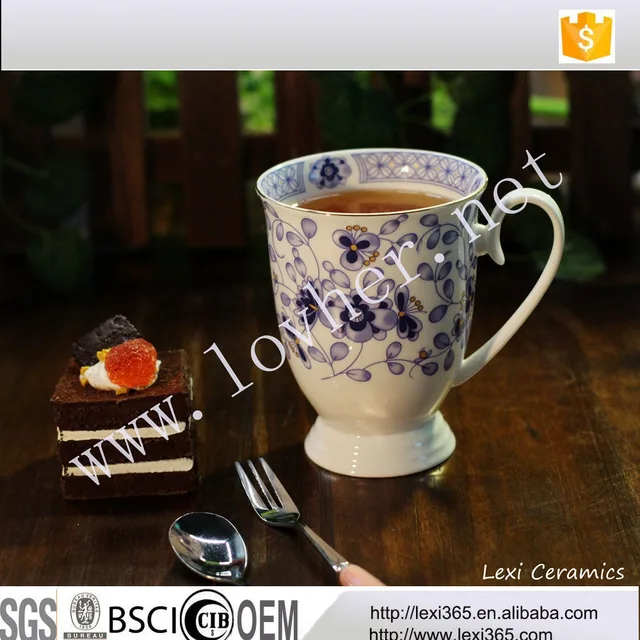 print blue garden footed round tea cups bulk gift porcelain mug