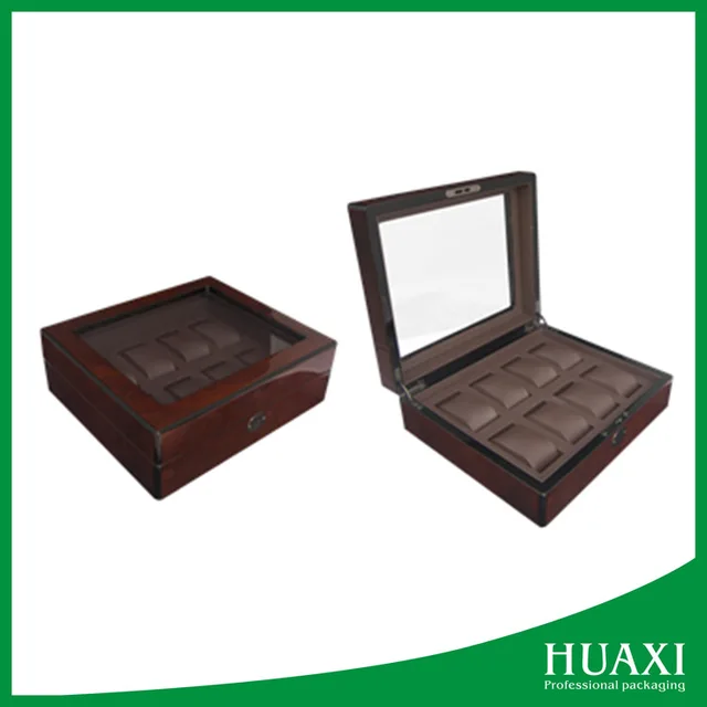 8 slot brown wooden watch package box with clear acrylic window