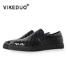 VIKEDUO Hand Made Stitching Slip On casual Shoe Black Cowskin Leather Campus Casual Loafer Shoes Men