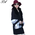 England Style Black Fox Fur Trim Stripe Plaid Acrylic Yarn Dyed Crochet Knit Short Big Wrap Shawl Stole