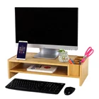 2-Tier Bamboo Monitor Stand Laptop Computer Monitor Riser With Adjustable Storage Accessories