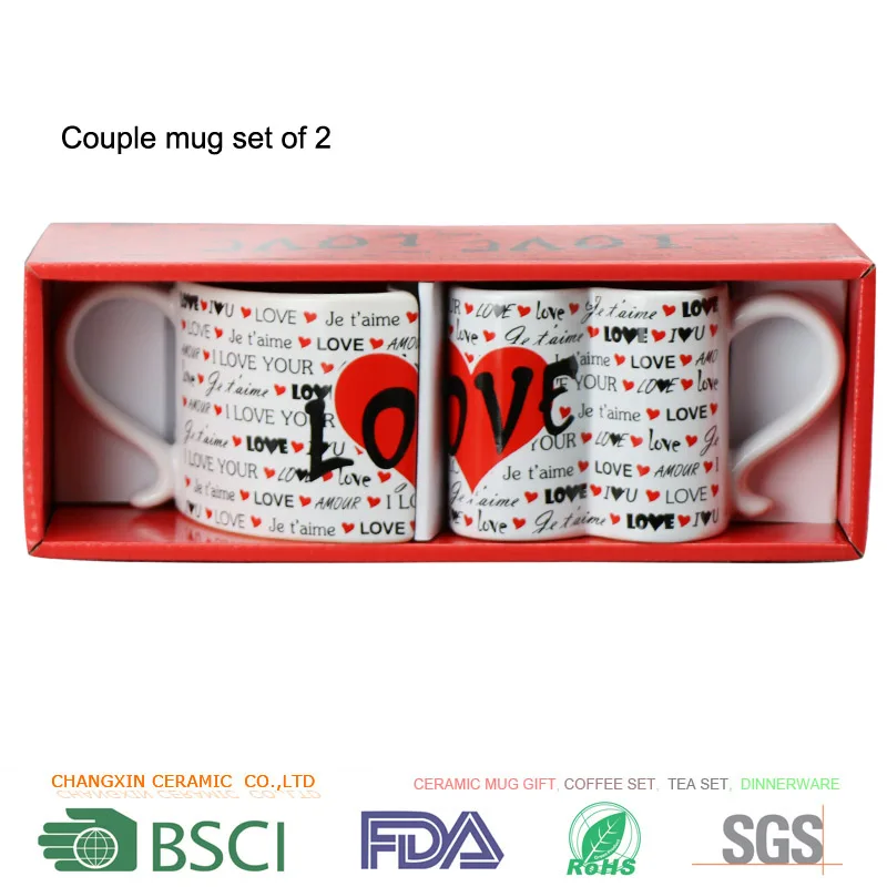 heart shape slogan printing ceramic couple mug set of 2 gift box