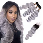 100% Brazilian Virgin Remy Raw T1b/Silver Grey Colour Human Hair Weave Bundles Extensions Weaving And Closure