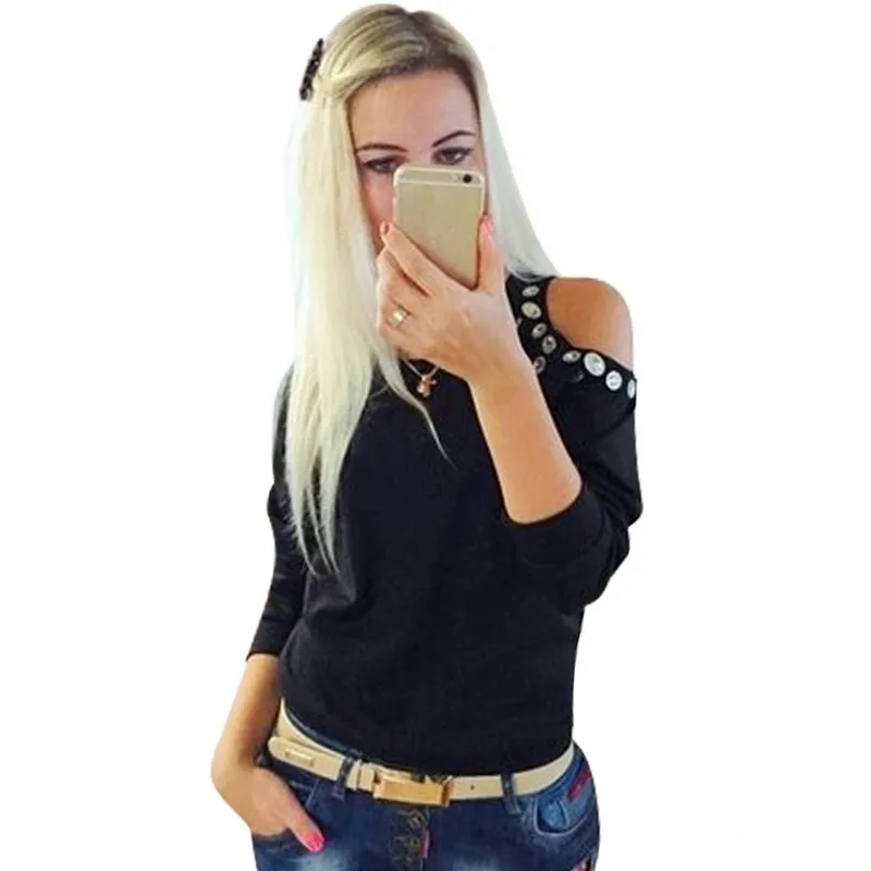 New Casual Basic T Shirt Women Cotton O-neck Off Shoulder Beading Tee Shirt Female Womens Long Sleeve Tops Black Green Gray 8SJM