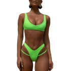 2019 Scoop Neck Fluorescence Green Ribbed Bikini Thong Swimwear Sexy