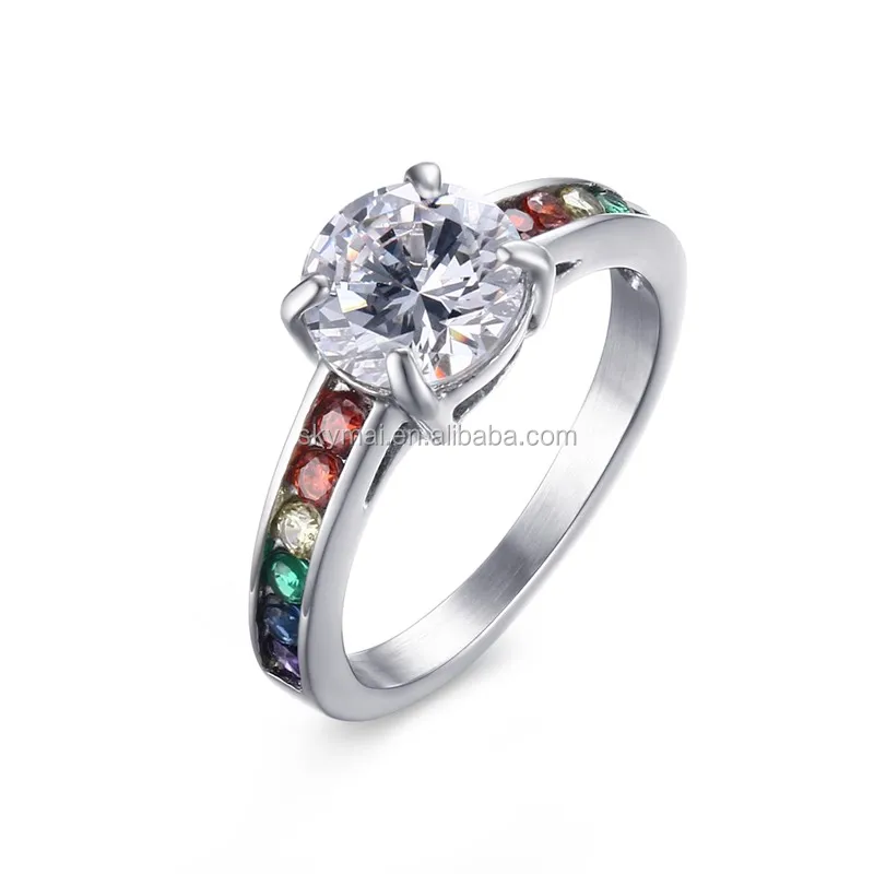 Rainbow Fashion Women Wedding Ring Stainless Steel Clear & Rainbow CZ Ring Marriage or Engagement Band Black Silver Gay ring