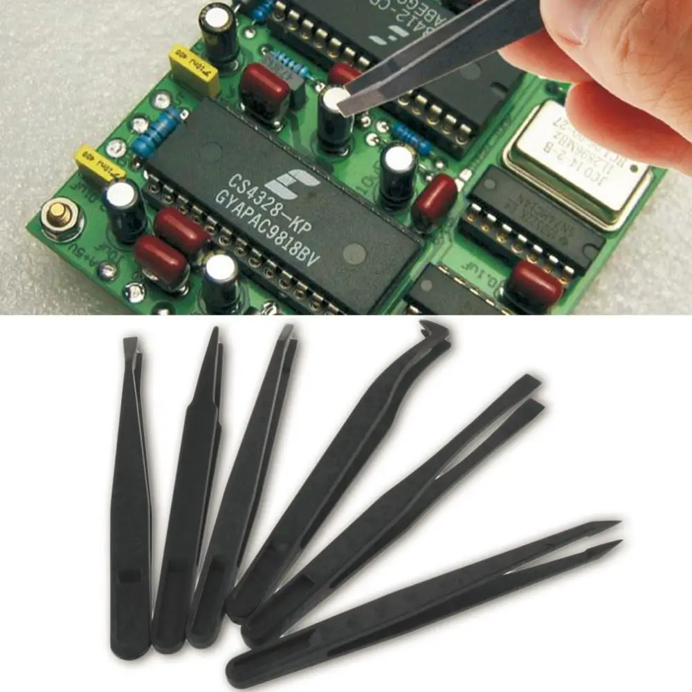100% Band New 6pcs Black Anti-static Plastic Tweezers Heat Resistant Repair Tool Straight Bend Promotion