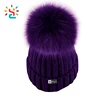 Custom the purple pom beanie hats women winter wholesale polyester knitted pom pom slouchy cap fur biggest ball beanies hat