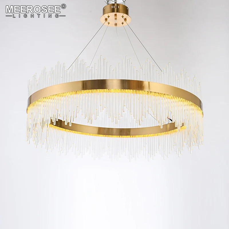 MEEROSEE LED Pendant Light Crystal rods Hanging Lamp for Dinning room Gold Circle Suspension Lamparas Lustres Abajur MD85503