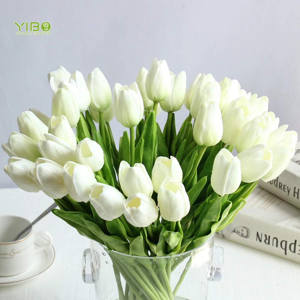 Sıcak Satış Düğün Dekoratif PU Gerçek Dokunmatik Çiçekler Yapay Laleler Beyaz yapay çiçek
