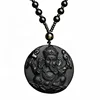 Black Obsidian Carved India Geneisha Elephant God Buddha Pendant Necklace for women men