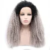 Ombre Black and Gray Color Afro Tight Bouncy Curl Kinky Curly Synthetic Hair Lace Front Wigs for Women