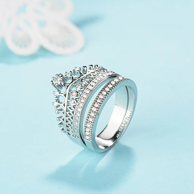 silver 925 rings rings jewelry women pop creative women's crown diamond two-piece ring set for wedding engagement