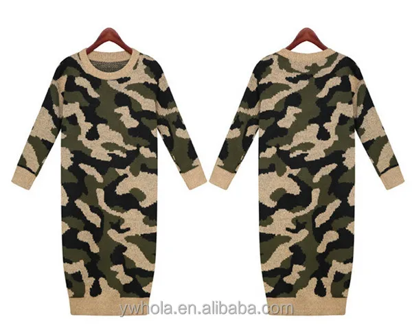 Классический корейский длинный рукав o-образным вырезом камуфляж свитер толстовки Вязание Платье