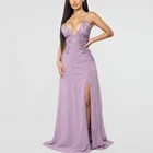 Custom Elegant Violet Women Chiffon Crocheted Lace Spaghetti Straps Long Simple Evening Dress