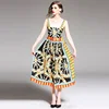 Women's Floral Stripes Print Strap Rockabilly Vintage Dress Flared A-Line Dress