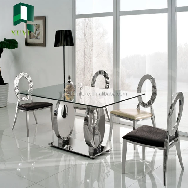 Most popular wedding banquet stainless steel glass dining table