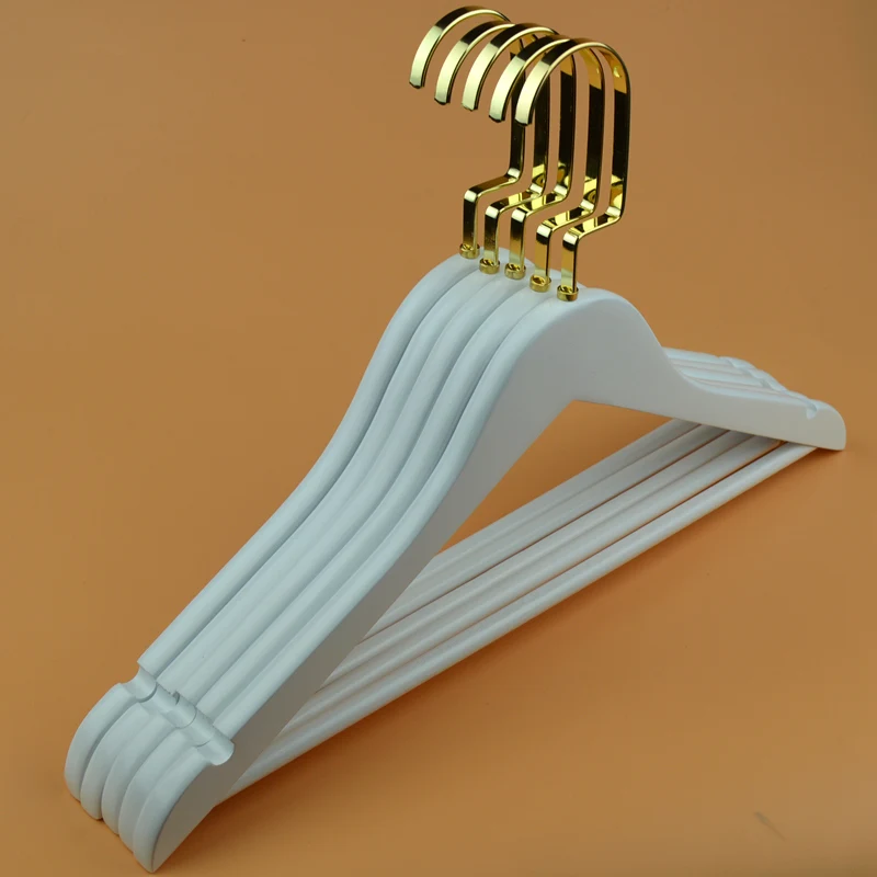 Hot sale custom white wooden coat pant cloth hanger with gold hook