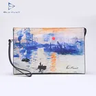 luxury oil painting genuine leather clutch bag,full grain leather bag clutch printed cow leather bag with metal zipper
