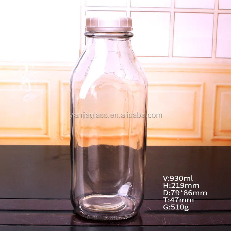empty 1liter 1000ml clear square glass milk bottles for Storing Milk Juice Water with tamper proof lids