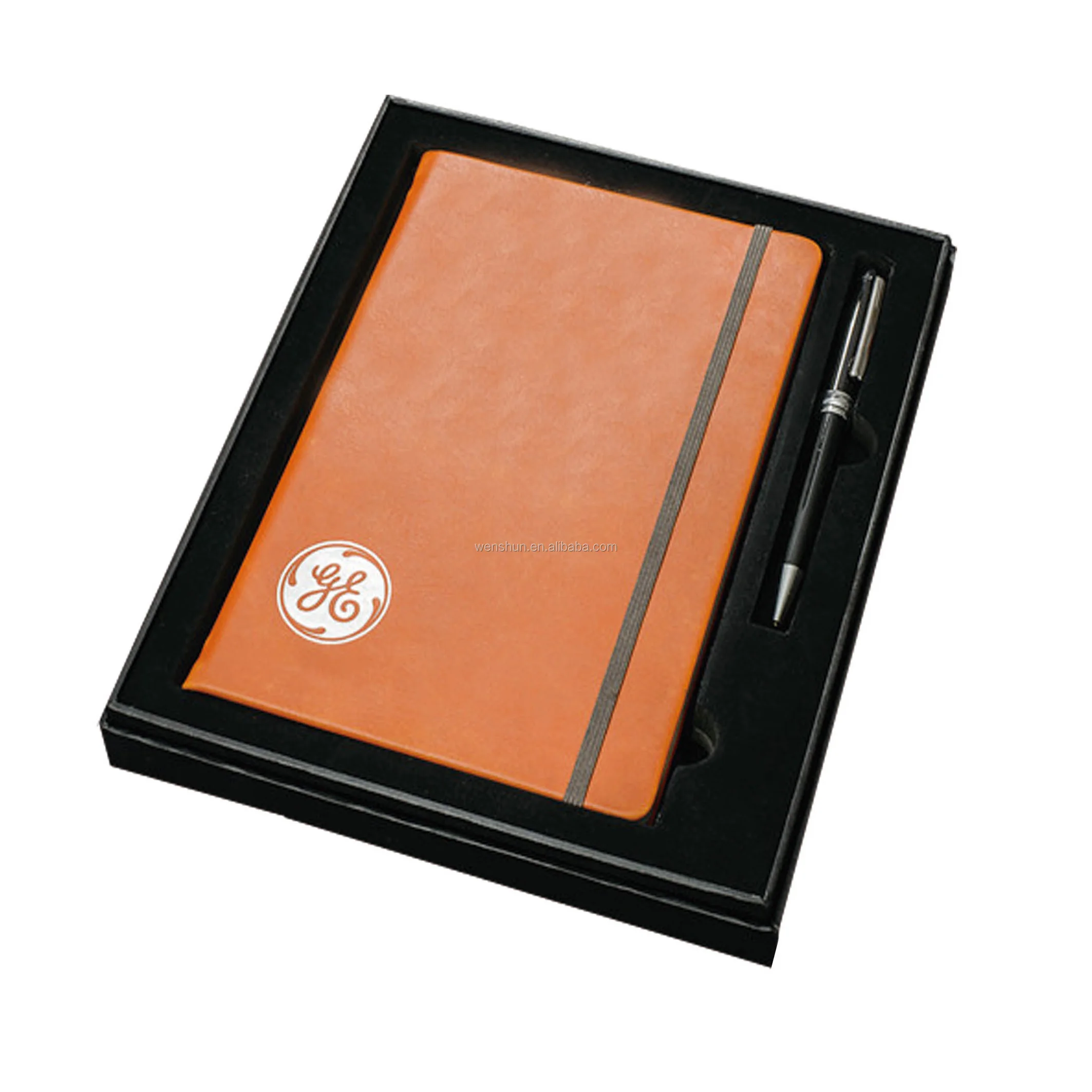 leather logo print custom notebook gift set with pen black box