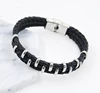 Handmade stainless steel rings woven three layer leather rope bracelet for mens