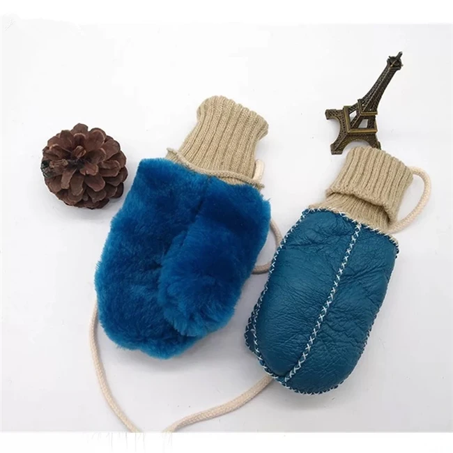 Warm Baby Real Lamb Fur Mitten Kids Fingerless Leather Gloves