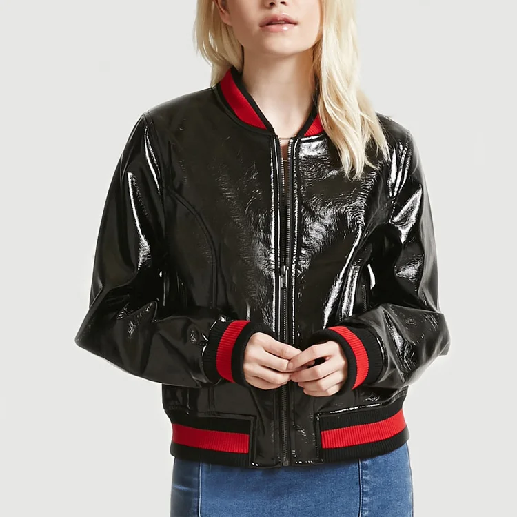 Donne di modo di contrasto stripes canadese freddo zip anteriore nero giacca di pelle