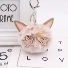 Cute Kitty fur ball key button PU leather animal fur ball pendant lady fur Doll Bag keychain pompom