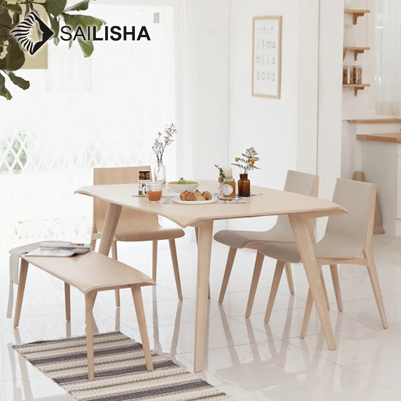 Water Resistant Natural Wood Color Modern Rectangle Dinette Dining Table With Bench And Chairs Set Thick Slab