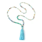 Natural Amazonite Stones Knotted Blue Agate Druzy Tassel Necklaces Rosary Beads Choker Necklace