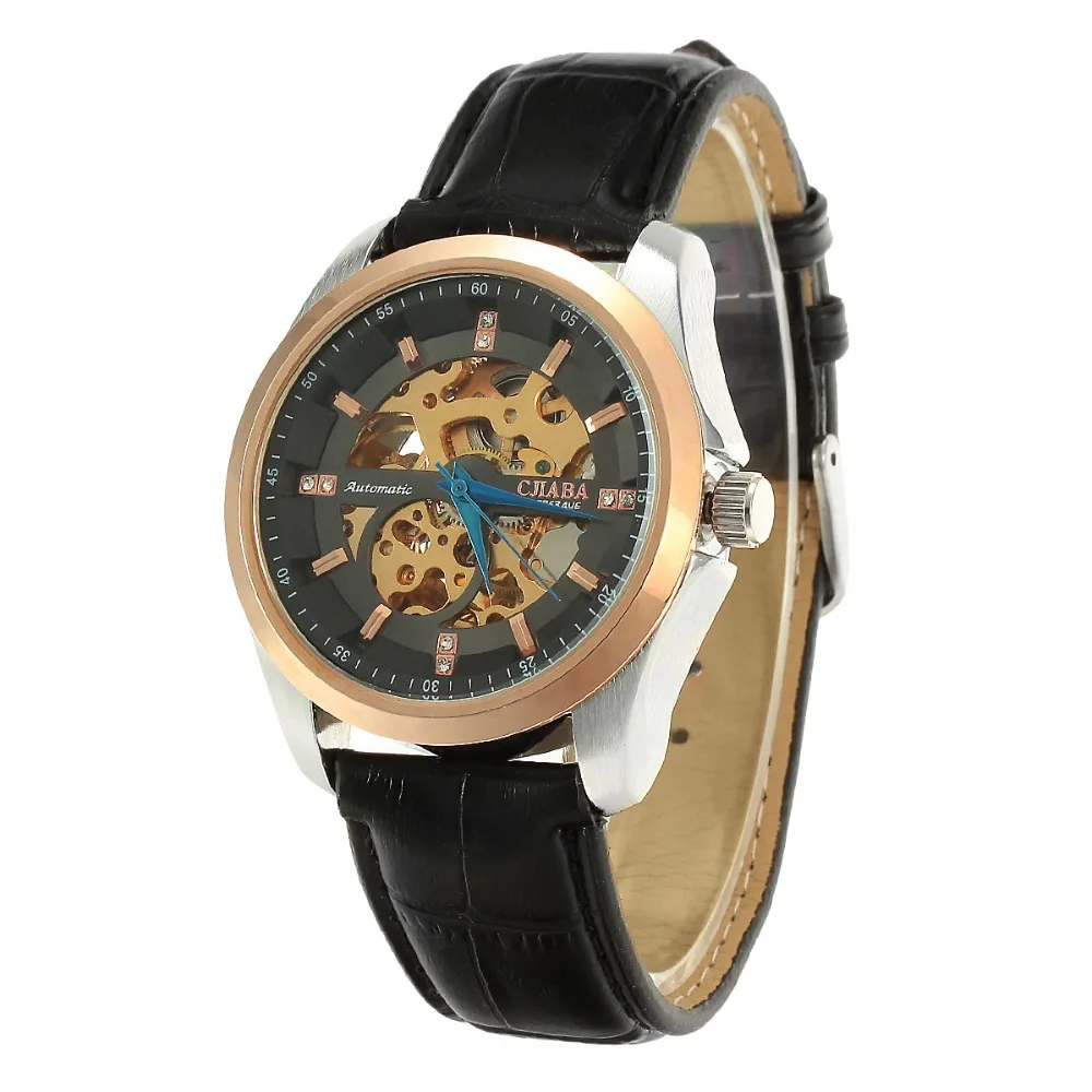 2015 CJIABA Men's Fashion Leather Strap Watches men Rhinestone Decoration Hollow Out Mechanical Wristwatch Rose Gold+Black