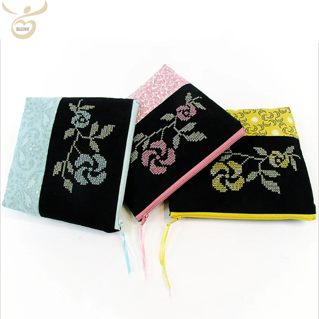 cotton canvas cosmetic bag embroidery clutch bag for women