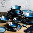 Ceramic Tableware Retro Underglaze Dreamy Blue Peacock Texture Western Dish Snack Dinner Plate Tray