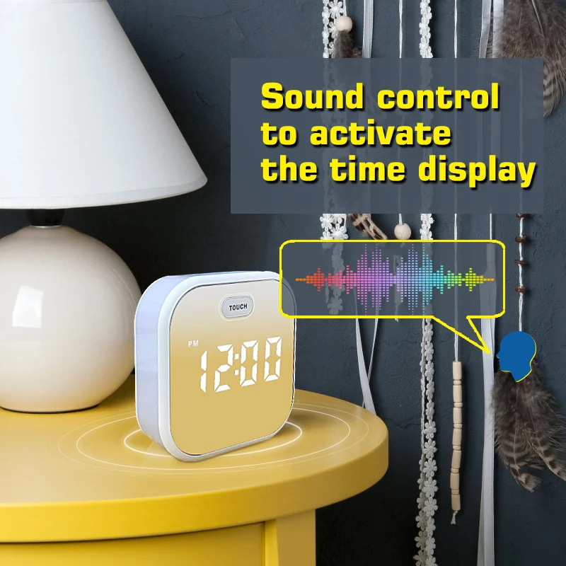 Touch control 5V rechargeable Small size alarm 12/24 hours easy to set kitchen private label led digital mirror wall alarm clock