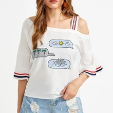 Wholesale Apparel Asymmetric Cold Shoulder Flute Sleeve Printed Ladies Casual T-Shirt