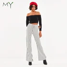 Stylish womens black and white striped pants fashion lace up bell-bottom trousers