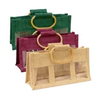 Custom LOGO linen eco friendly shopping gift packaging wine jute bag with pvc transparent window