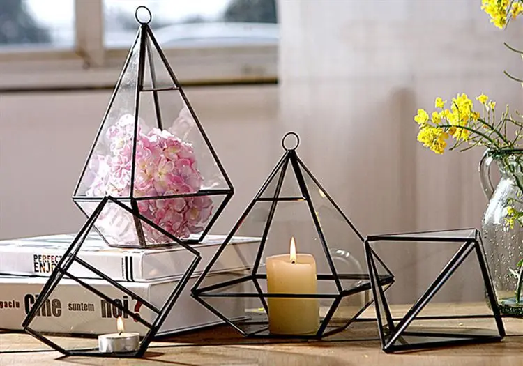 Fat diamond shaped glass greenhouse four drill copper wash black succulent flower vase