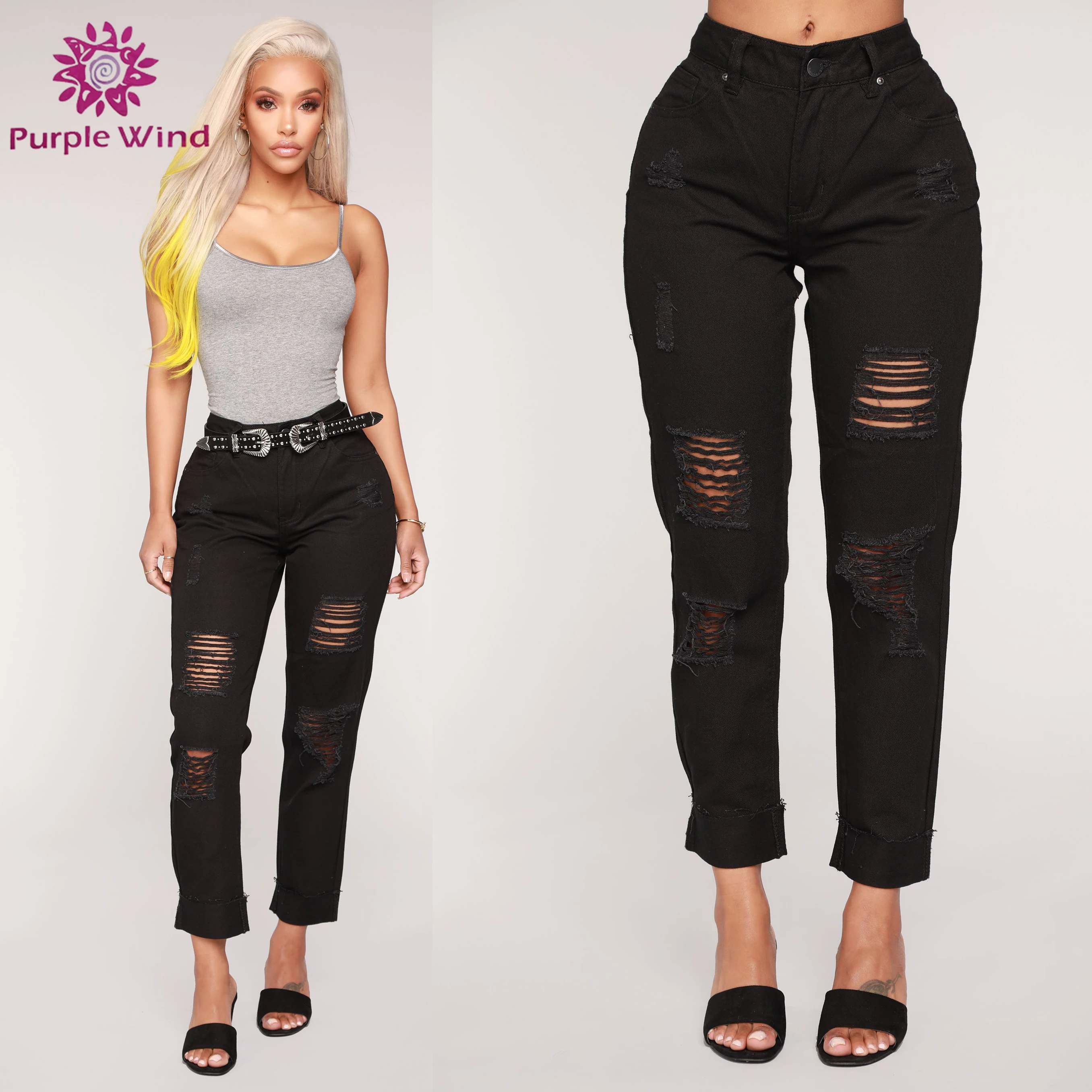 Customized Design High Quality Cotton Black Denim Boyfriend Ripped Style Jeans for Ladies