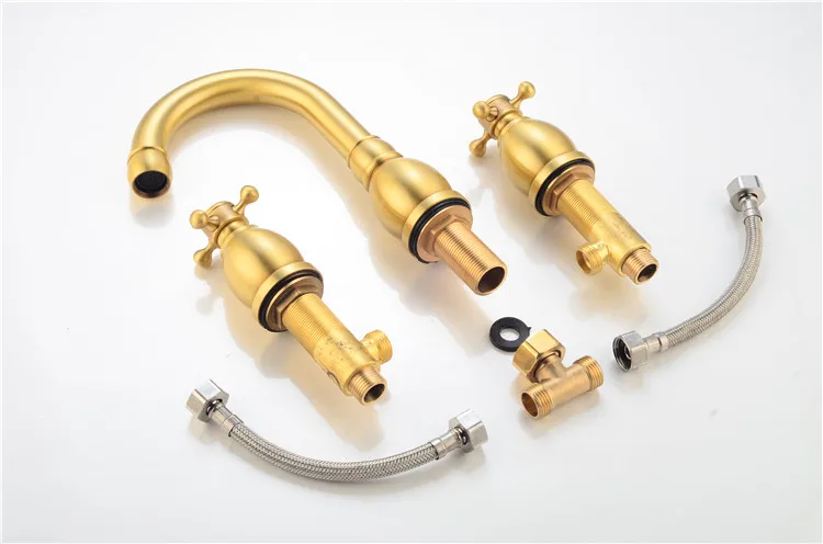 Brass 3 Holes Bathroom Taps Brushed Gold Basin Faucet