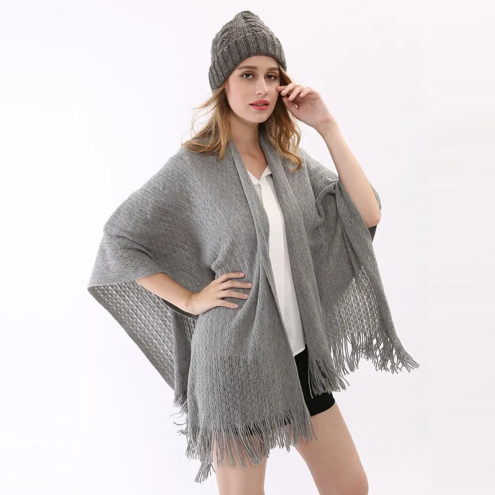 2015 Fall New Soft Wool Solid Color Gray Warm Cloak Brand Winter Cashmere Women Wrap Cardigan Tassel Knitted Poncho Cape Coat