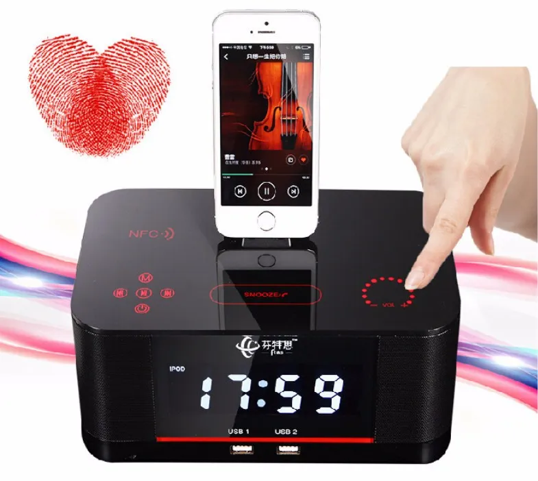 Hot A8 Touch Radio Alarm Clock Bluetooth Speaker with docking System,Portable Dock Station Stereo A8 FM AUX NFC Dual USB speaker - ANKUX.COM